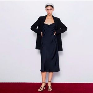 Zara black satin draped midi dress